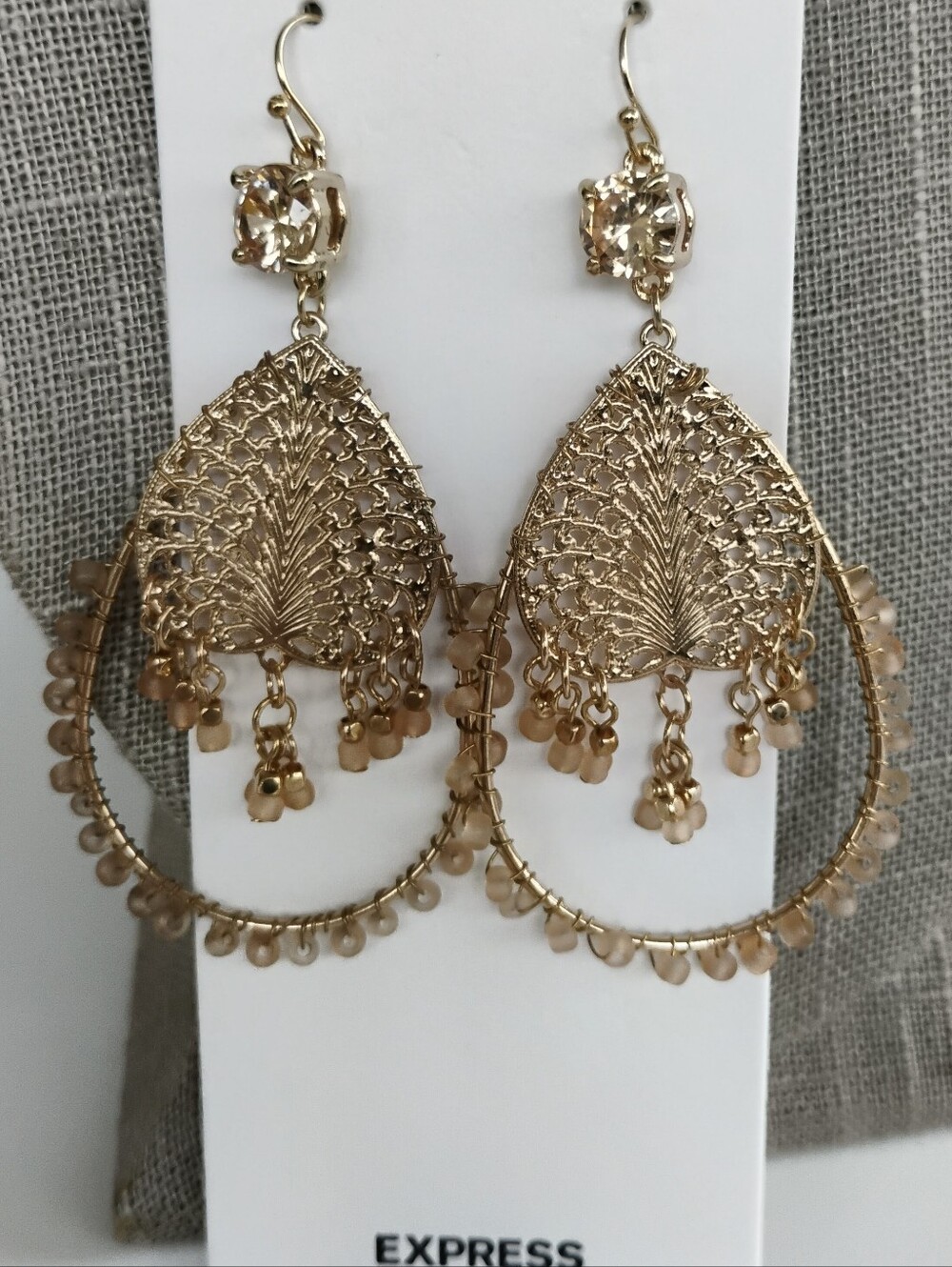 NWT Express Gold Filigree Teardrop Hoop Earrings with Beige Bead Accents